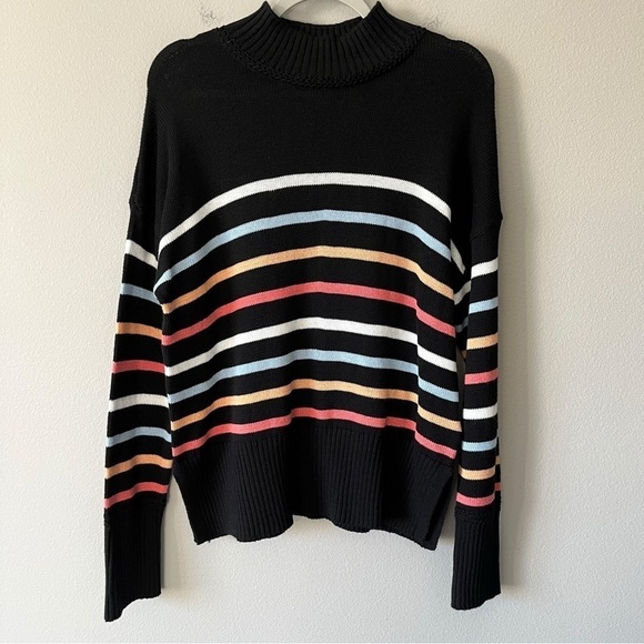 Joie NEW Black Multicolored Striped Mock Neck Sweater Side Slits Size Small - Picture 1 of 7